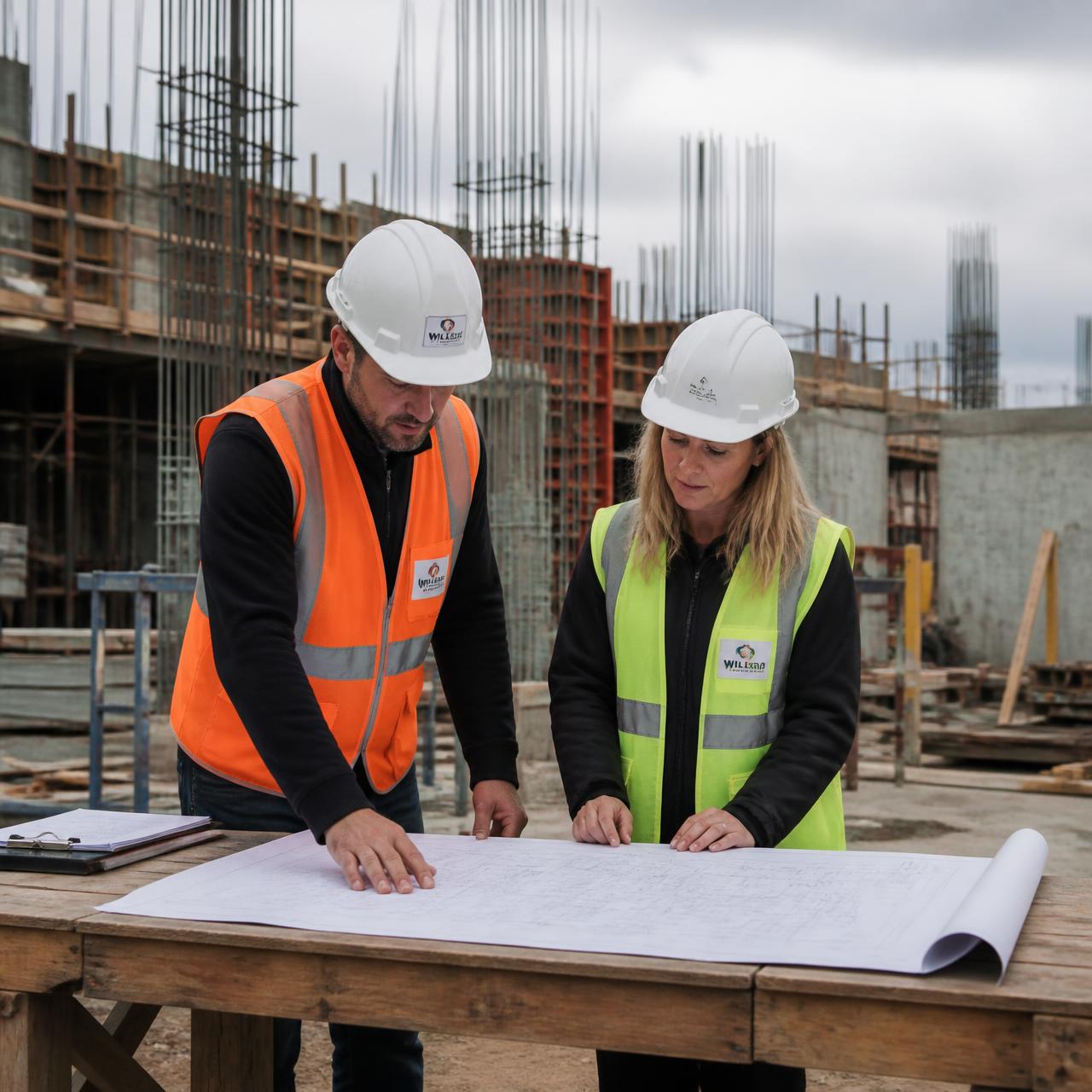 Site supervisors reviewing building plans at a construction site