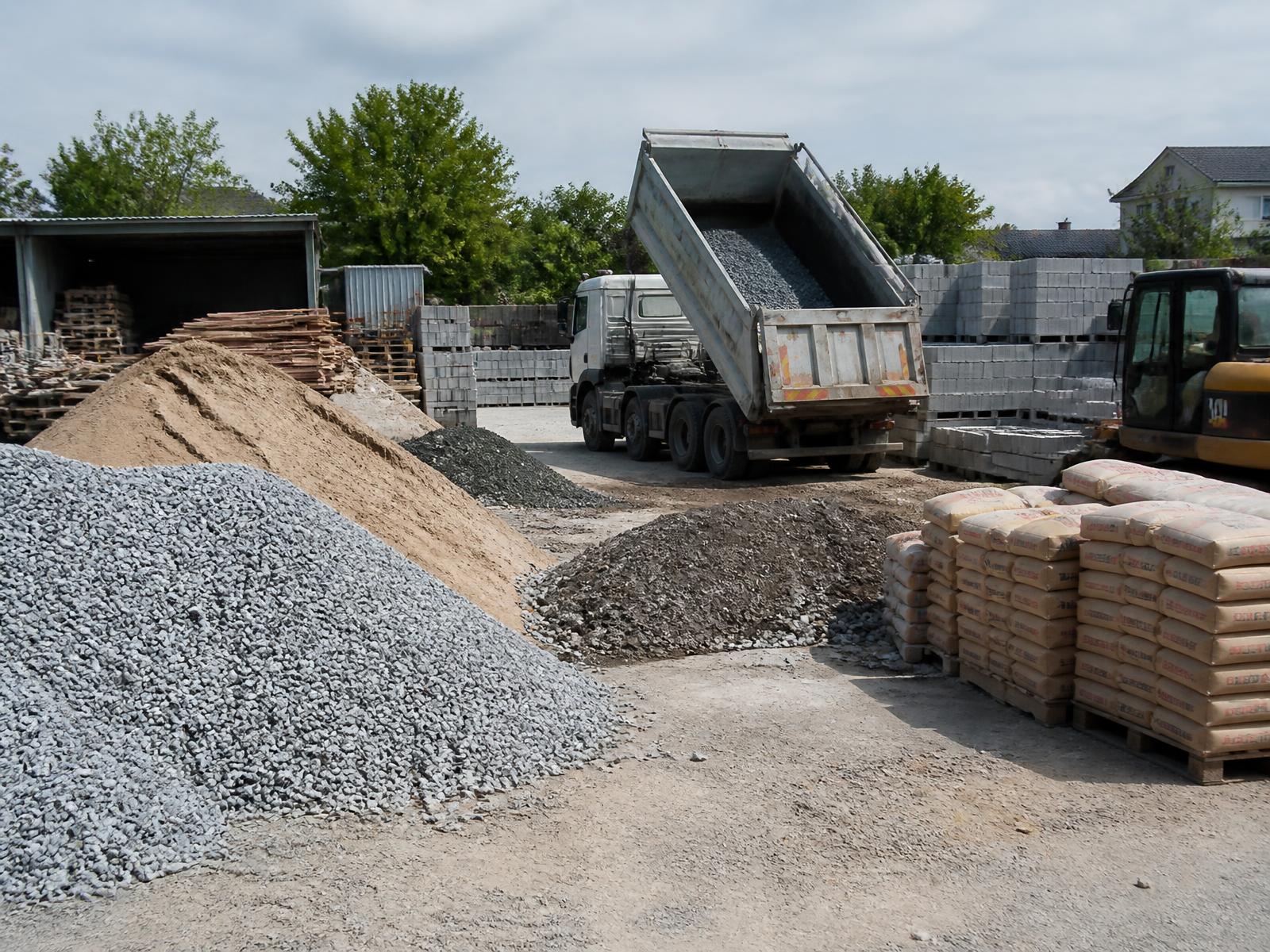Stockpiles of ballast, sand, blocks and cement in a construction material yard